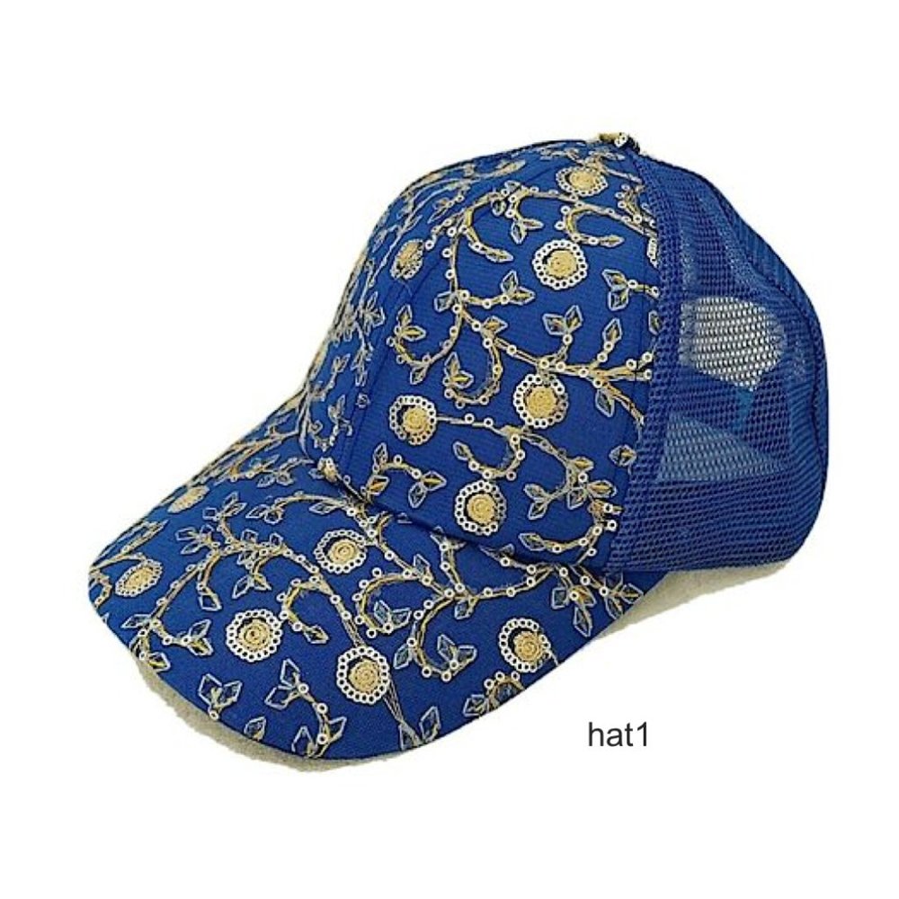 Blue Cap Hat Breathable Mesh Top Embroidered Floral Gold Silver Sequin, Size M-L